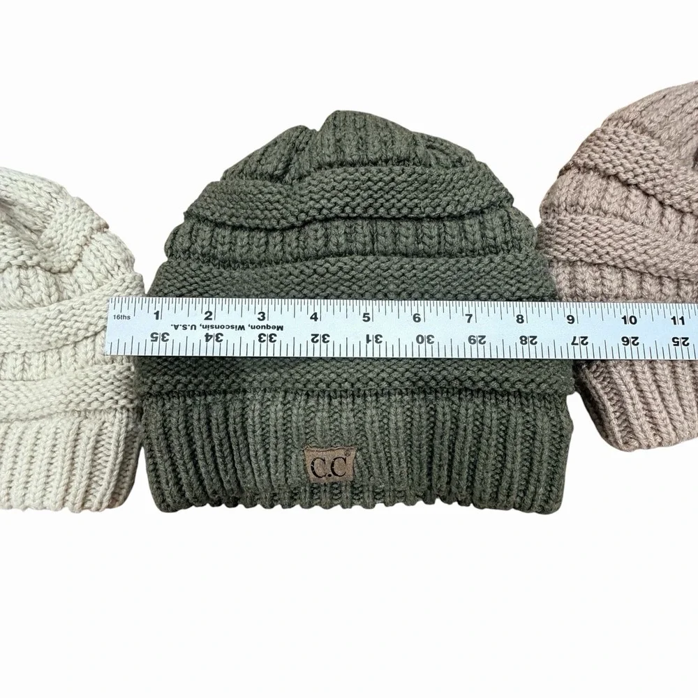 C.C Beanie Bundle Lot of 3 Knit Winter Hats Cream Olive Taupe One Size